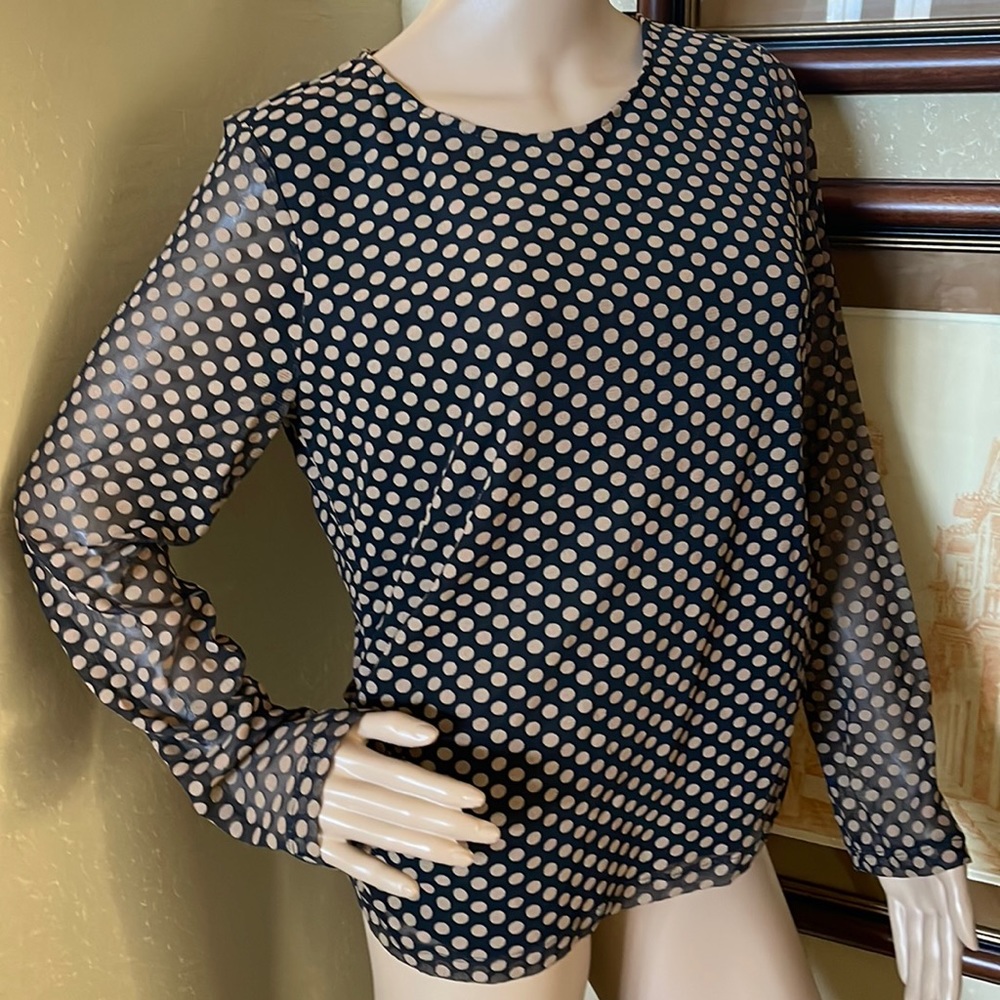 Chico’s Womens Black Tan Polka Dot Ruched stretch Top sz L
